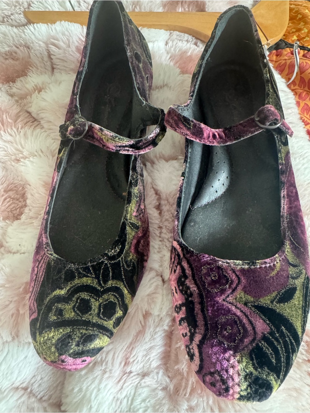 Velvet Mary Jane Flats in Purple and Black